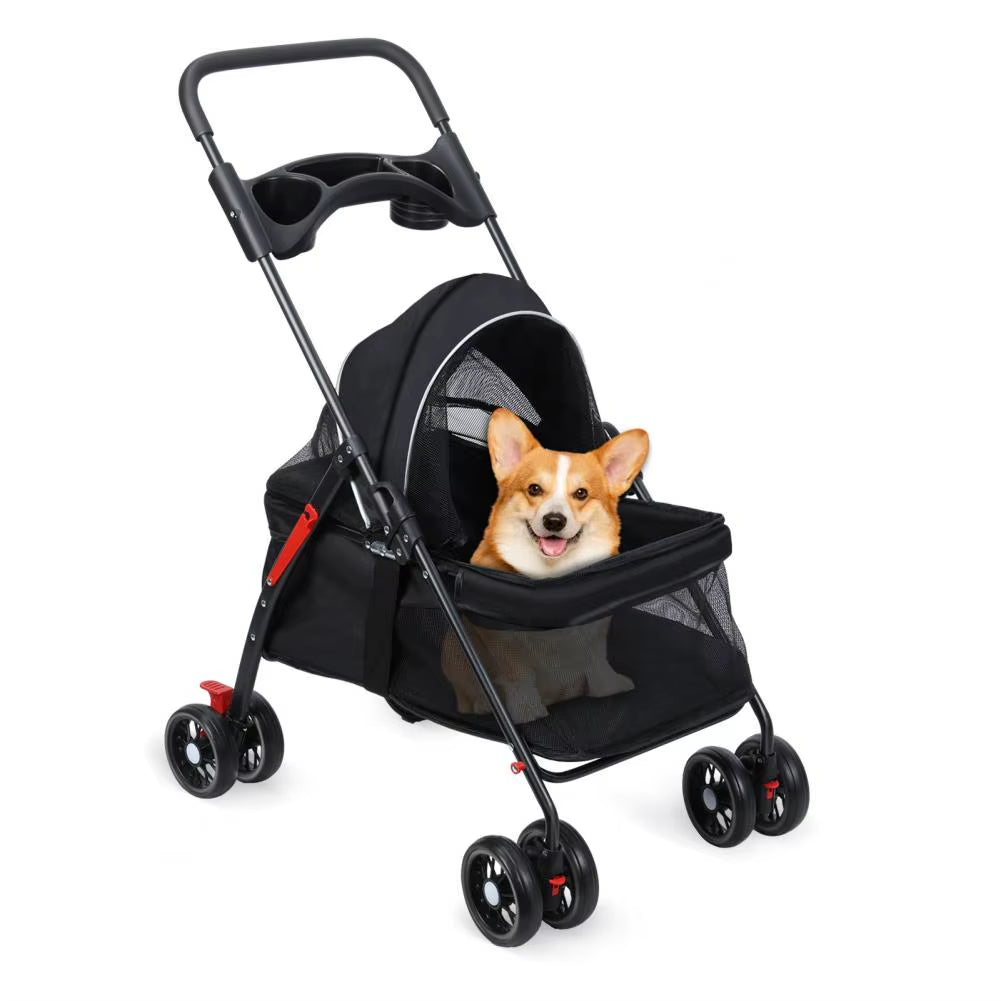 4 Wheels Dog Cat Stroller, Outdoor Travel Pet Folding Strollers, Dog Cat Cage Cart with Cup Holder Carriers for Medium Small Pet