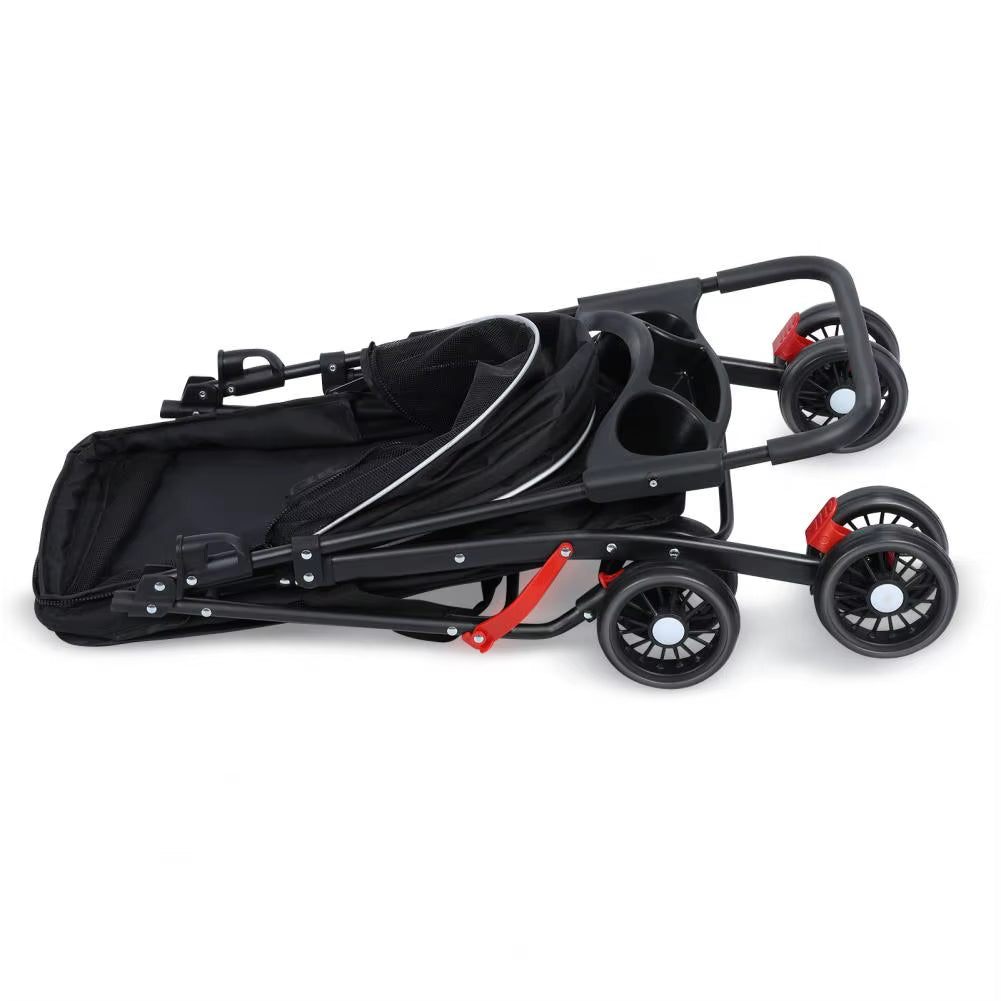 4 Wheels Dog Cat Stroller, Outdoor Travel Pet Folding Strollers, Dog Cat Cage Cart with Cup Holder Carriers for Medium Small Pet