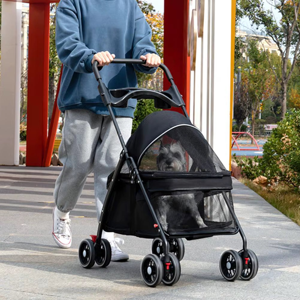 4 Wheels Dog Cat Stroller, Outdoor Travel Pet Folding Strollers, Dog Cat Cage Cart with Cup Holder Carriers for Medium Small Pet