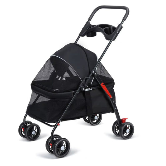 4 Wheels Dog Cat Stroller, Outdoor Travel Pet Folding Strollers, Dog Cat Cage Cart with Cup Holder Carriers for Medium Small Pet